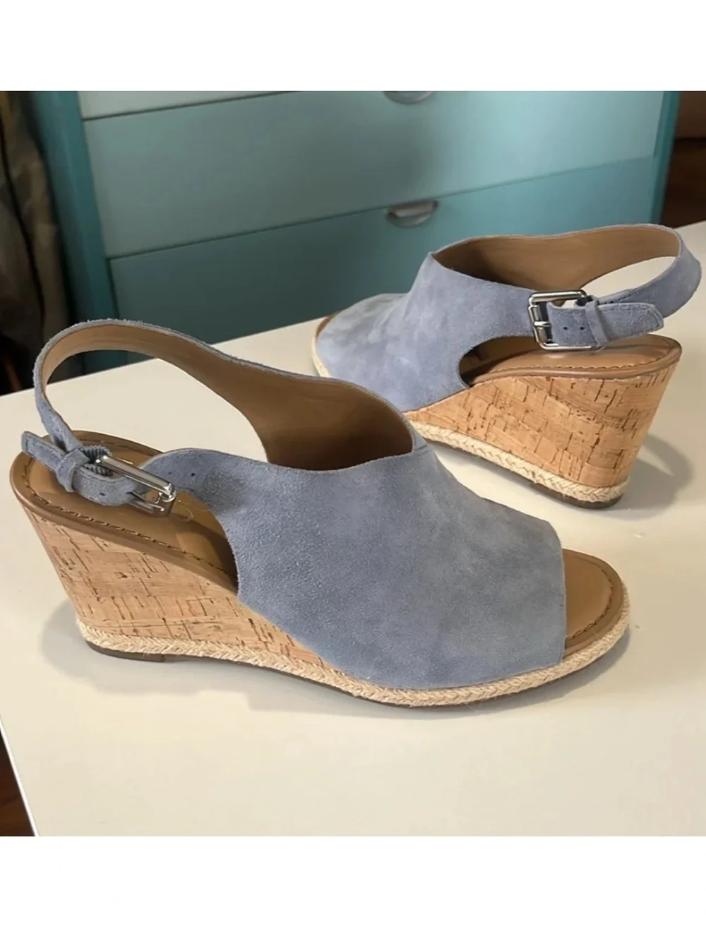 Franco Sarto Julien Women's Light Blue Suede 3” Cork Wedge Sandals size 6.5